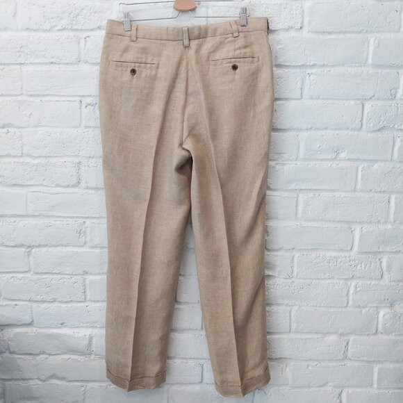 346 Brooks Brothers 100% Linen Pants Men 32x30 Dark Beige Tan Herringbone Cuffed - Picture 4 of 13